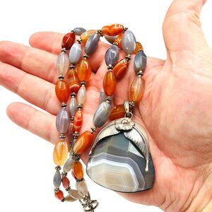 Meras Womens Necklace Striped Agate Sterling Silver Pendant Designer